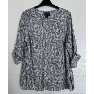 Tahari Women's Linen Roll Tab Long Sleeves Ivory‎ Leaf Button Up Sz 3X  Mature